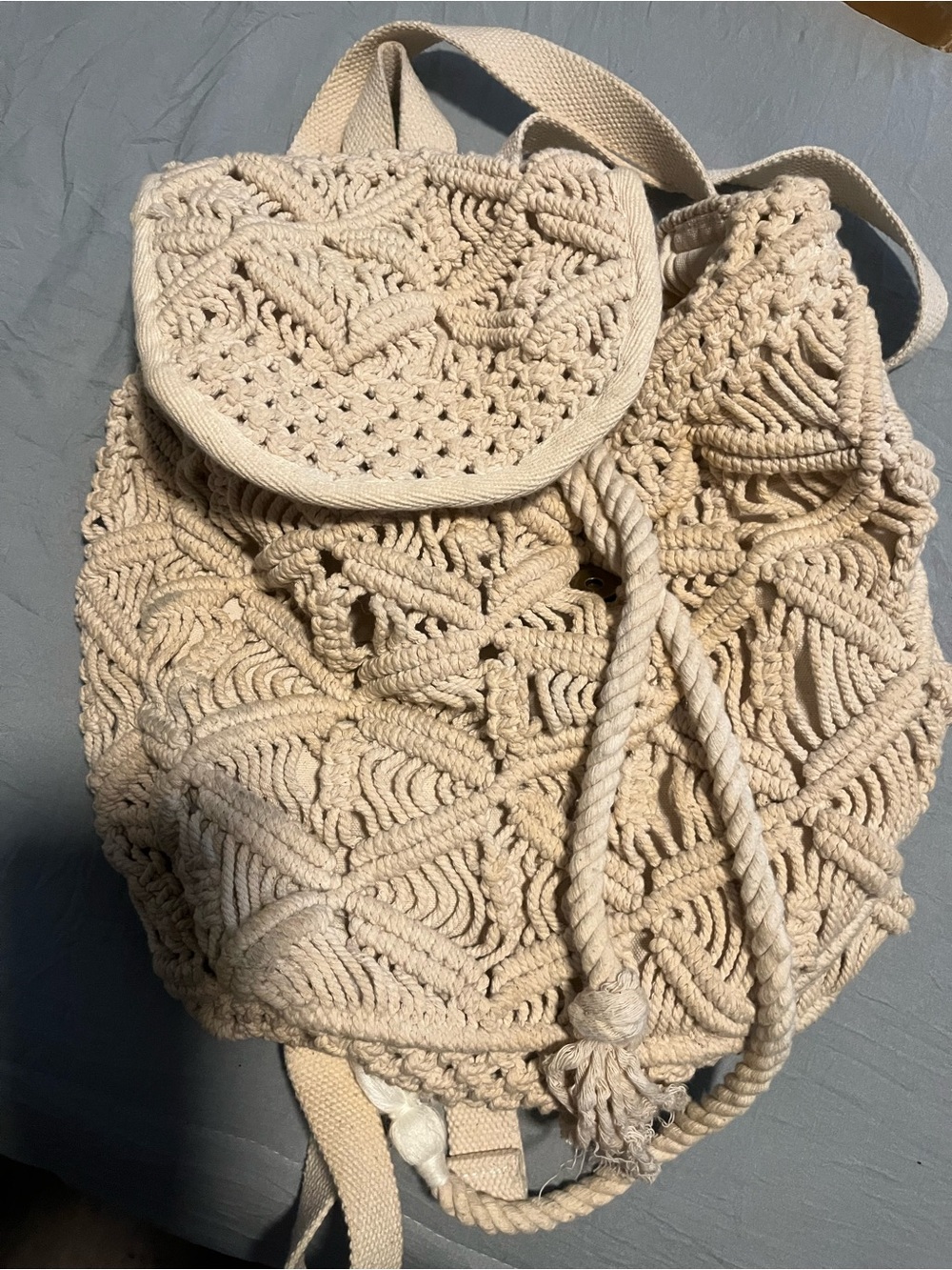 Boho Macramé Drawstring Backpack - Cream